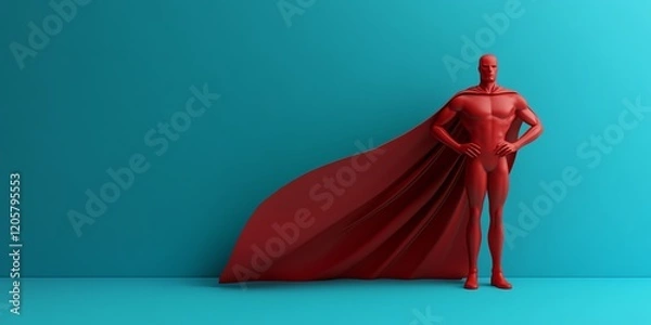 Fototapeta Red superhero figure standing confidently against a teal background. Minimalist 3D rendering of a powerful hero.