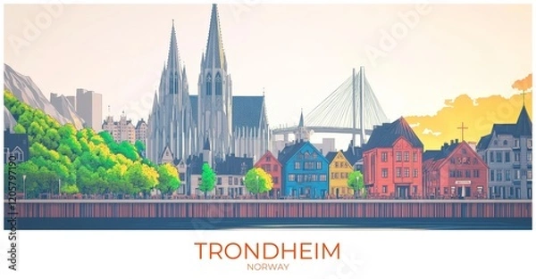 Fototapeta Trondheim Norway Travel Poster Flat Illustration Print Decor Gift Canvas Wall Art Gift
