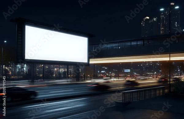 Fototapeta Bright city lights illuminate an urban street scene during nighttime. A large, unlit billboard dominates the view, while cars pass by, creating streaks of light against the dark backdrop