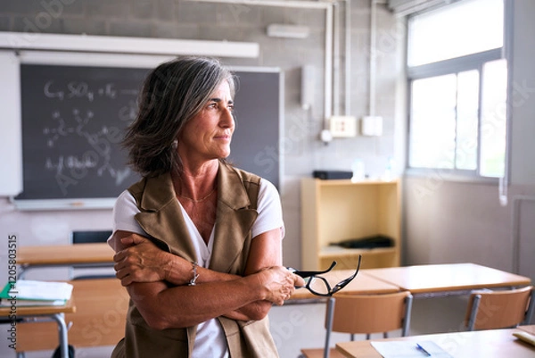Fototapeta A teacher stands alone in an empty classroom, gazing thoughtfully out of the window. The scene captures a moment of reflection, introspection, and quiet contemplation in an educational setting