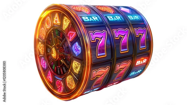 Fototapeta Online casino slot with prizes, 777. Isolated on transparent background. Cutout.