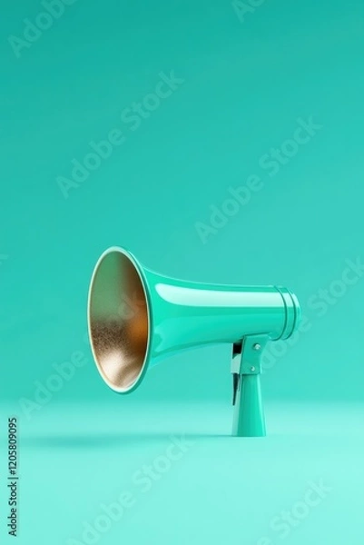 Fototapeta minimalist cartoon megaphone icon with holographic gradient colors transitioning from gold to teal in sleek 3d emoji