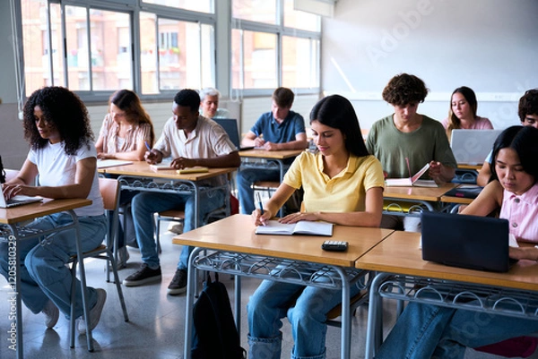 Fototapeta A diverse group of multiracial students aged 18 to 20 in a classroom, attentively taking notes during a lecture. The scene reflects unity, education, and the pursuit of knowledge in a modern setting