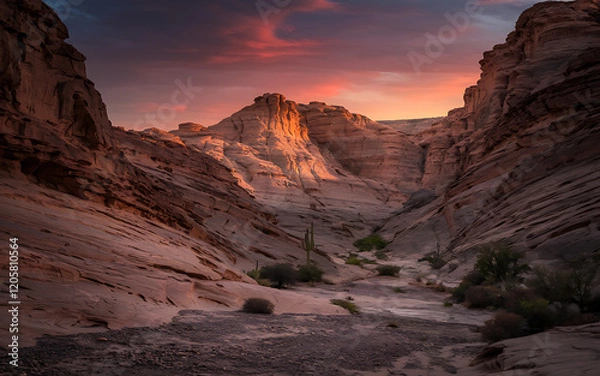 Fototapeta Deep red and orange canyon walls glow in fading light, while the dry riverbed and cacti add texture. Vastness and quiet isolation underscore the ancient beauty of the land