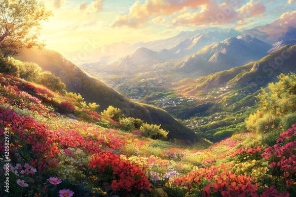 Fototapeta Breathtaking Alpine Landscape with Vibrant Flowers at Sunset in the Mountains