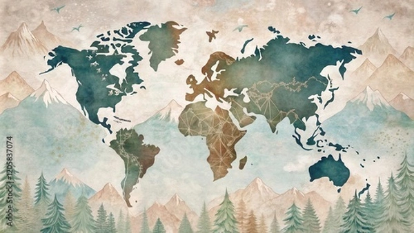 Fototapeta World Map with Mountain Range and Forest Panorama A Serene Artistic Depiction of Global Exploration and Nature's Majesty