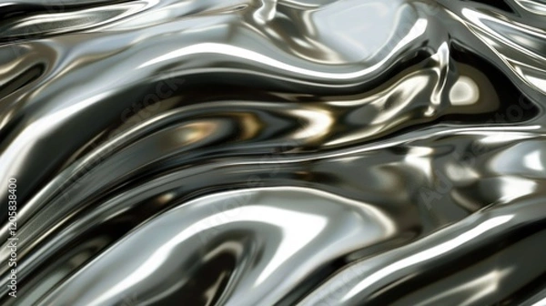 Fototapeta Shiny metallic surface with flowing, wavy patterns and reflections.