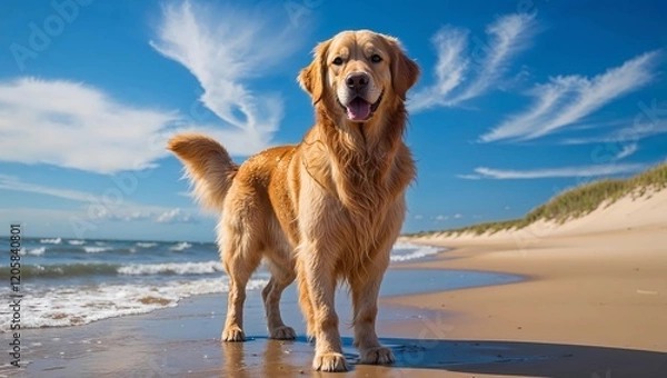 Obraz golden retriever dog on the beach