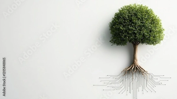 Fototapeta Modern tree icon with digital circuit roots on a white background, representing the fusion of nature and technology in business growth