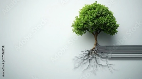 Fototapeta Stylish tree icon with circuit roots on a white backdrop, representing the fusion of nature and technology for business growth
