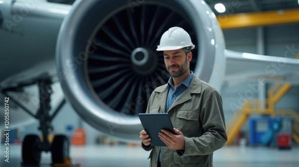 Obraz Aerospace Engineer Inspecting Jet Engine with Tablet