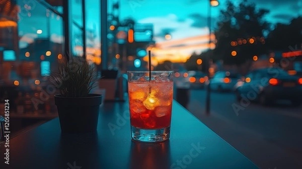 Fototapeta A refreshing drink sits on a black table, its vibrant colors glowing against the backdrop of a bustling street. The sunset paints the sky with warm hues as city lights begin to twinkle