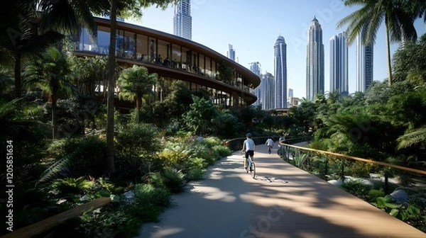 Fototapeta Dubai's Urban Oasis: Cyclists on a Lush Pathway with Modern Skyscrapers in the Background