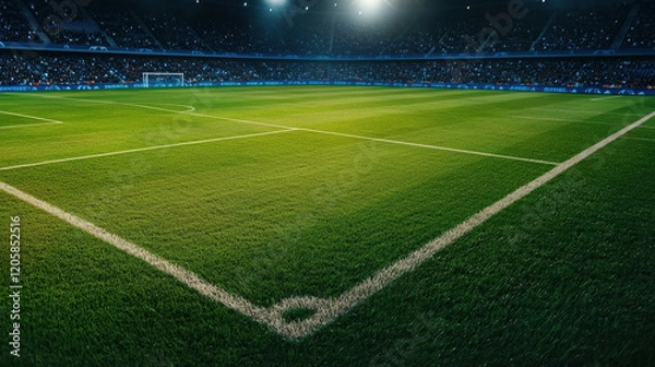 Obraz Lush Soccer Field at a Major Championship Stadium with Lights and Spectators During Match