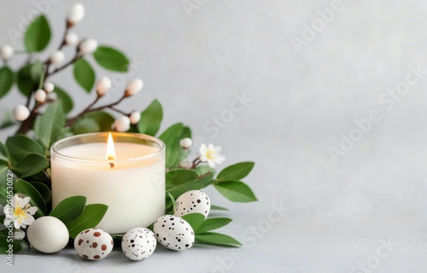 Fototapeta Spring decor. Lit candle with greenery and decorative eggs. 