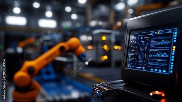 Fototapeta Industrial Automation: Robotic Arm and Control Panel in a Modern Factory