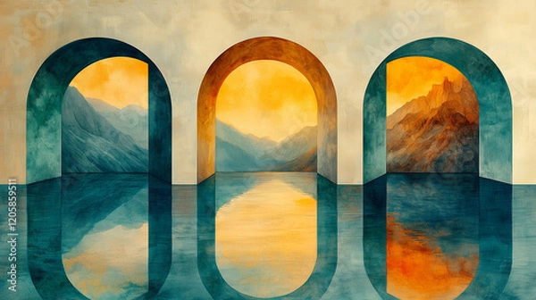 Fototapeta Abtract illustraion of three arched windows overlooking vivid mountain landscape in a serene water surface in vibrant orange, teal and golden tones to create a warm dreamlike atmosphere