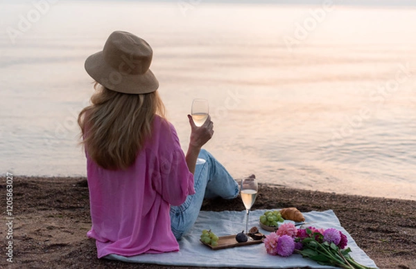 Fototapeta Summer picnic on the beach, bakery, fruits. Blond woman in hat. Rest time, sunset, nature
