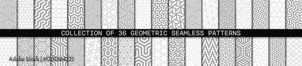 Fototapeta Vector set of 36 grey geometric linear patterns. Collection of seamless modern hexagonal textures for your design.