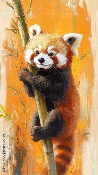 Fototapeta A playful red panda climbing bamboo, symbolizing conservation. Perfect for animal protection and environmental awareness.