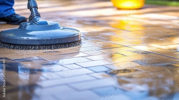 Fototapeta A worker uses a power washer to clean a patio area on a sunny day, with water splashing and reflecting off the tiled surface. The setting is bright and inviting