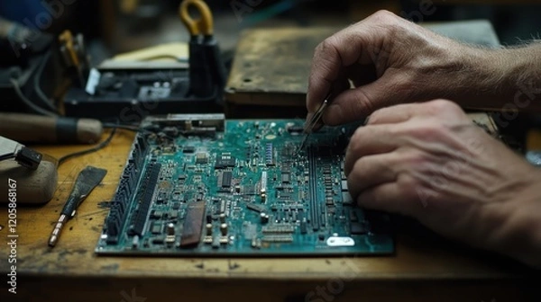 Fototapeta Hands repair circuit board in workshop