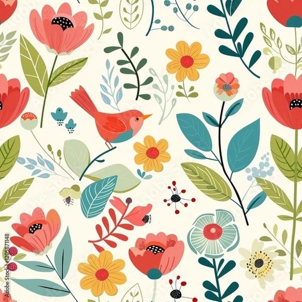 Obraz Charming Spring Floral Pattern with Bird Seamless Design Pretty Colorful Flowers Botanical Illustration Artistic Nature Background Lovely Garden Print