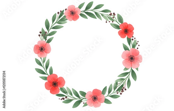 Obraz Minimalist Watercolor Floral Wreath with Greenery - Transparent Center for Text Overlay