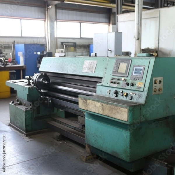 Fototapeta Factory rolling machine operation, industrial workshop background, manufacturing process