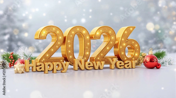 Fototapeta Golden 2026 lettering with sparkling texture and christmas decorations wishes happy new year on a snowy background