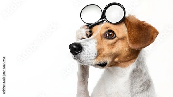 Fototapeta Adorable dog holding a magnifying glass, playfully symbolizing curiosity, exploration, and problem-solving in a fun and creative way, perfect for concepts like research and investigation.
