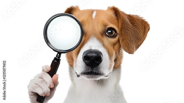 Obraz Adorable dog holding a magnifying glass, playfully symbolizing curiosity, exploration, and problem-solving in a fun and creative way, perfect for concepts like research and investigation.
