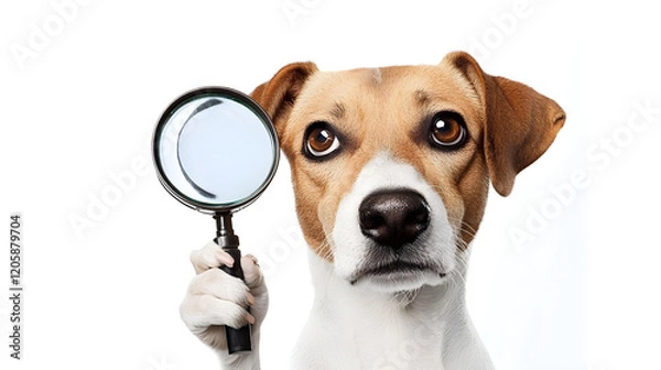 Obraz Adorable dog holding a magnifying glass, playfully symbolizing curiosity, exploration, and problem-solving in a fun and creative way, perfect for concepts like research and investigation.
