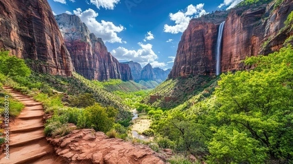 Fototapeta Majestic Zion Canyon Waterfall Trail Scenic Vista