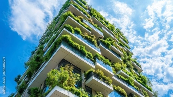 Fototapeta A modern high-rise residential building with vertical gardens on every balcony