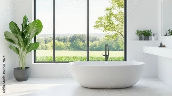 Fototapeta A contemporary bathroom with a large panoramic window offering a view of nature outside. The space includes a freestanding bathtub next