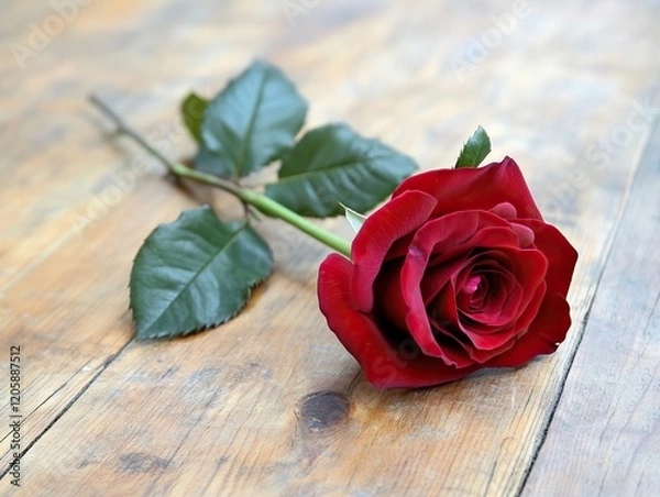 Fototapeta Single red rose on wooden table symbolizing love and romance for Valentine's Day, vintage-style photography with ample copy space for text, perfect for romantic greetings and cards.