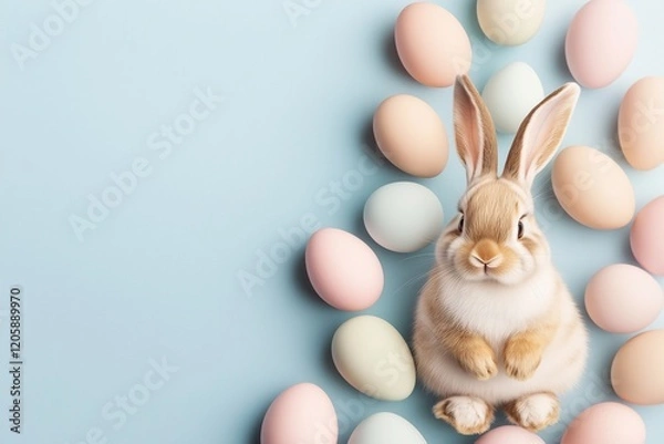 Fototapeta Coelho com orelhas grandes cercado por ovos de Páscoa coloridos em fundo azul claro, criado com IA generativa.