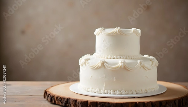 Obraz Classic white wedding cake with two tiers featuring lace icing details on a simple wooden surface