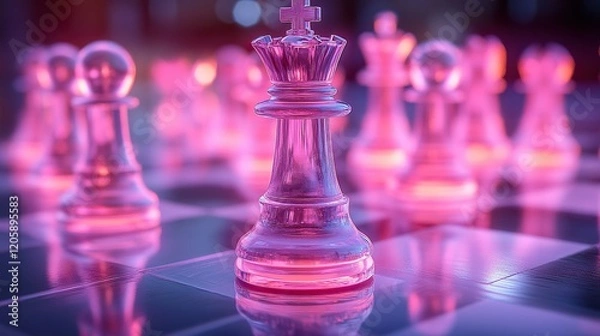 Obraz Glass chess queen on board, pink light, blurred background, strategy game