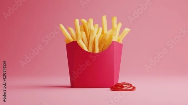 Fototapeta Crispy French Fries with Ketchup on a Pink Background