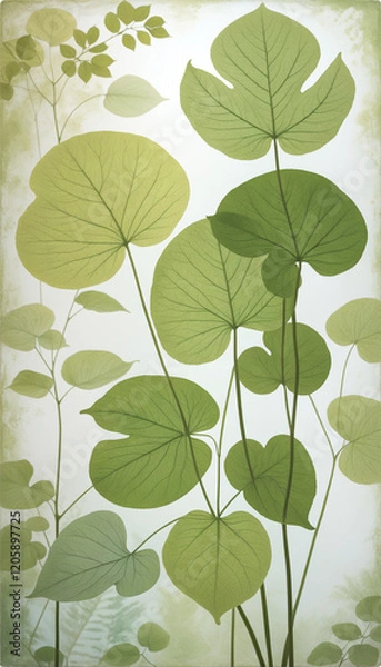 Fototapeta A delicate fresco-style composition of green leaves on a textured wall, blending botanical art with vintage aesthetics for a natural, airy look.