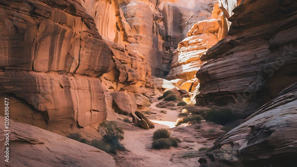 Fototapeta Sunlit canyon with towering sandstone formations, layered textures, contrasting light and shadow, and a winding path through a desert scene