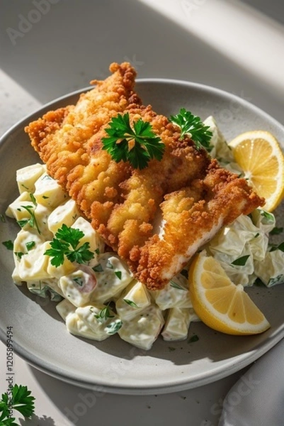 Fototapeta Crispy fried fish with potato salad.