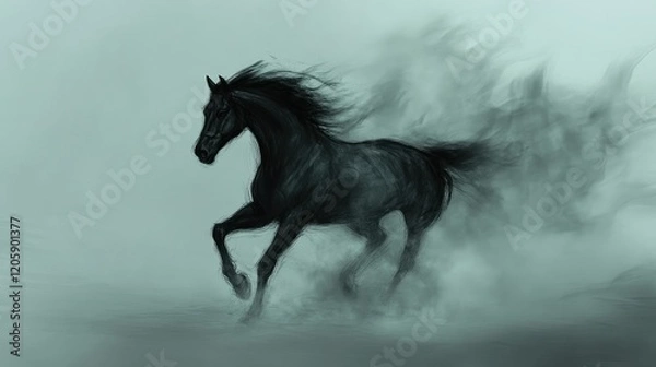 Fototapeta A black horse gallops through a misty landscape, creating an ethereal and dynamic atmosphere.