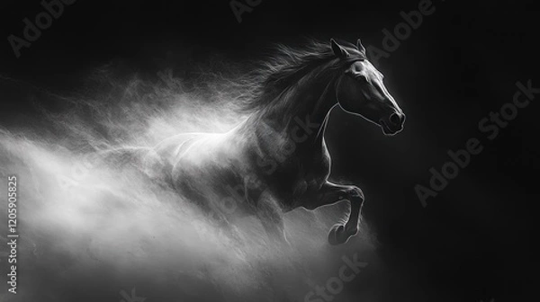 Fototapeta Majestic black horse running, mane and tail flowing, in a cloud of dust against a dark background.