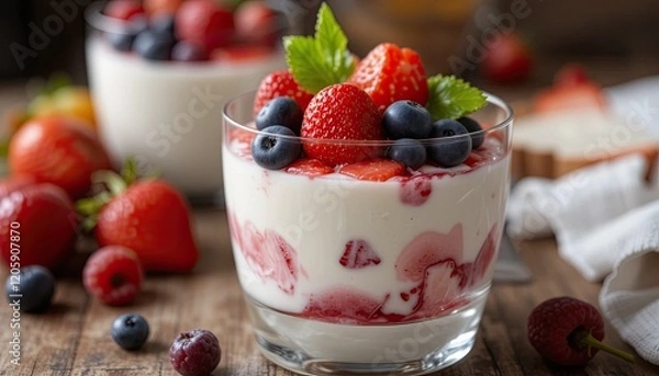 Obraz Delicious yogurt dessert recipe with fresh fruit toppings, yogurt, fruit, toppings, sweet, healthful, and deliciou-