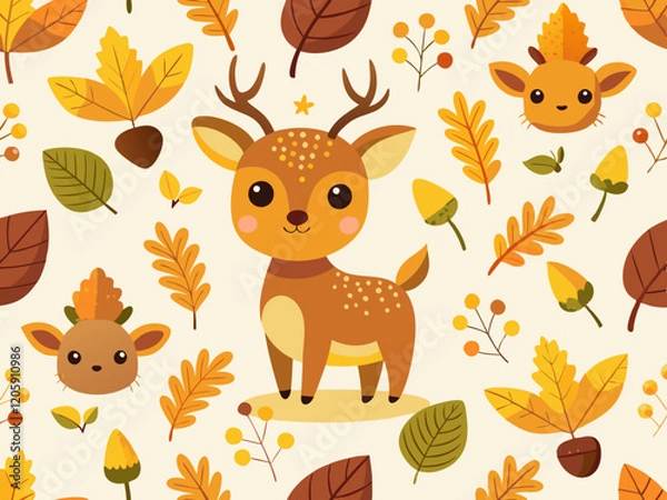 Fototapeta Cute Cartoon Deer Autumn Pattern with Acorns and Maple Leaves