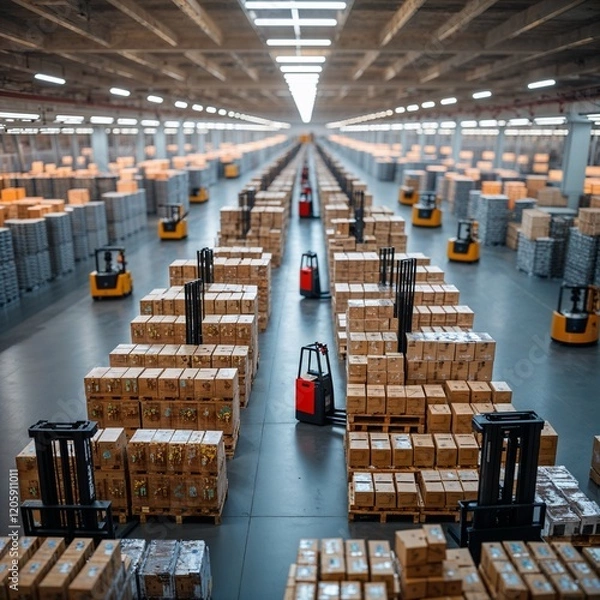 Fototapeta Retail warehouse full of shelves with goods in cartons, with pallets and forklifts. Logistics and transportation blurred background. Product distribution center
