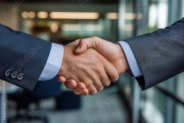 Obraz Aperto de mãos entre dois homens em trajes formais dentro de um escritório moderno com fundo desfocado, criado com IA generativa.